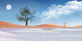 轻奢装饰画 树月亮麋鹿 沙漠