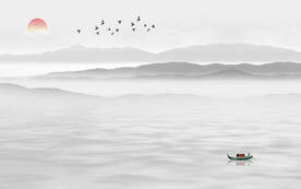 轻奢装饰画 新中式水墨山水画船