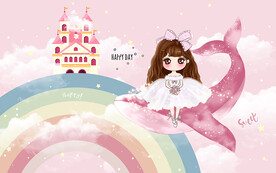 卡通可爱公主鲸鱼儿童房背景墙