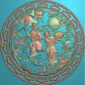 童子荷花如意圆形挂屏精雕图