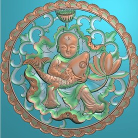 荷花鱼童子抱鲤圆形挂屏精雕图