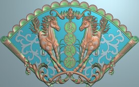 马到功成挂屏扇形挂屏浮雕图