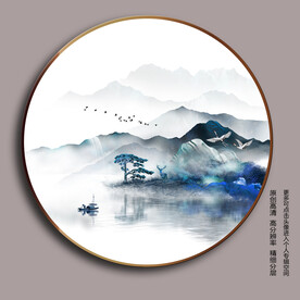 迎客松山水抽象麋鹿圆形装饰画