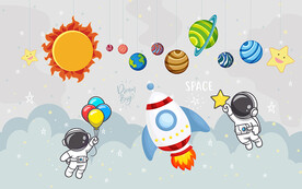 卡通天空宇航员儿童房背景墙