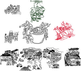 酿酒图线描古画