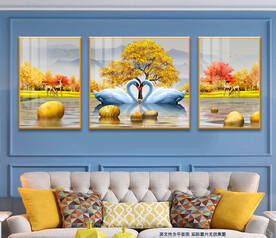 轻奢发财树鹅卵石天鹅湖装饰画