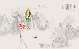 新中式水墨荷花山水国画背景墙