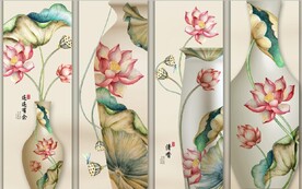 新中式水墨荷花花五条屏装饰无框