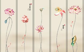 新中式水墨红荷花五条屏装饰画