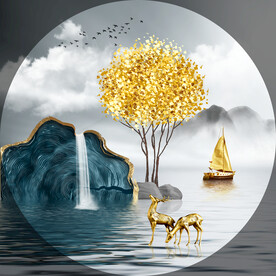 装饰画 新中式山水画 麋鹿帆船