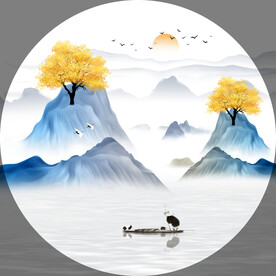 装饰画 新中式山水画 树船