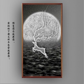 北欧风月色麋鹿山水玄关装饰画