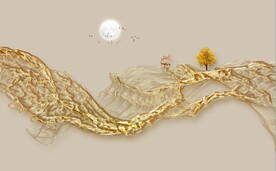 新中式浮雕金色麋鹿山水背景墙