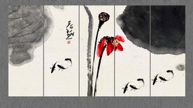 水墨荷花九鱼图