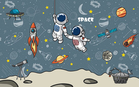 卡通太空宇航员儿童房背景墙