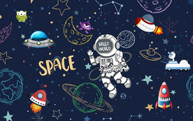 蓝色夜空卡通太空人儿童房背景墙