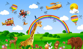 卡通动物儿童房背景墙