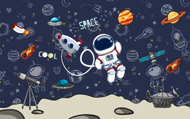 卡通宇宙太空人儿童房背景墙