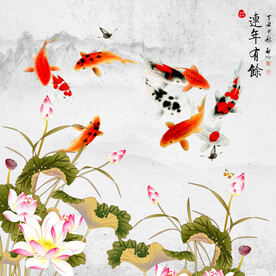 装饰画 荷花荷叶 金鱼