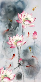 水墨荷花九鱼图