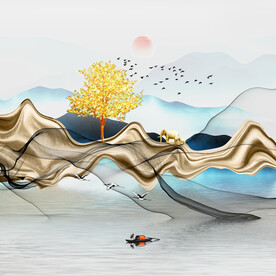 轻奢装饰画 新中式山水画 飘带