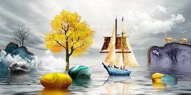 轻奢装饰画 石头 树船