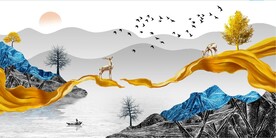 轻奢装饰画 新中式山水画 飘带