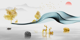 装饰画 新中式山水画 石头麋鹿