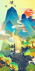 仿千里江山图湖亭清高清PSD 