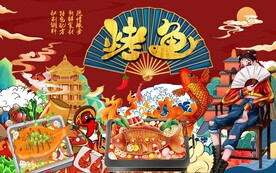 国潮烤鱼背景墙图片