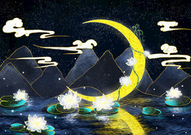 轻奢装饰画 新中式 莲花月牙