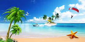 蓝天白云浪漫海滩主题空间背景墙