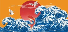 国潮美食大海仙鹤背景墙壁画