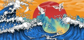 国潮美食大海仙鹤背景墙