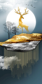 轻奢装饰画 石头 麋鹿 月夜