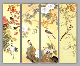 四条屏花鸟