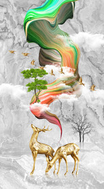 轻奢装饰画 弧线 山水画麋鹿