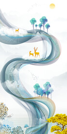 轻奢装饰画 弧线 山水画麋鹿