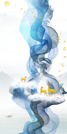 轻奢装饰画 弧线 山水画麋鹿