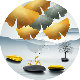 轻奢装饰画 石头杏叶 麋鹿