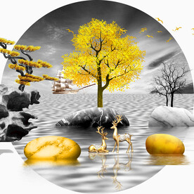 轻奢装饰画 山水石头麋鹿