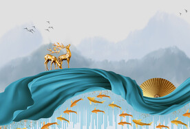 轻奢装饰画 飘带 山水麋鹿