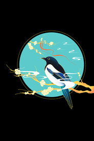 喜鹊七夕花朵树枝国潮古风元素