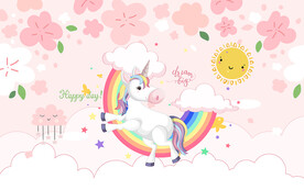 彩虹独角兽花朵儿童房背景墙