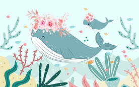 可爱卡通鲸鱼花朵儿童房背景墙