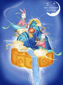 手绘国潮山水中秋玉兔月饼插画