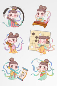 矢量扁平风卡通可爱古风女孩元素