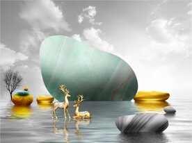 轻奢装饰画 山水石头麋鹿