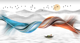 轻奢装饰画 日出山水画弧线