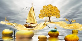 轻奢装饰画 山水石头麋鹿 飘带